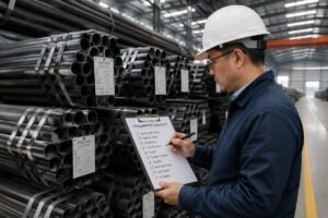 Procurement manager checking a checklist against steel pipe specifications in a warehouse