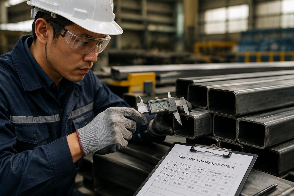 Quality control inspector checking dimensional accuracy of RHS tubes using digital calipers