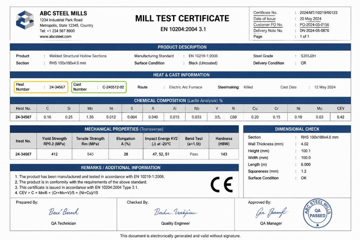 Sample Mill Test Certificate highlighting heat number, cast number, and actual test results for EN10219 steel