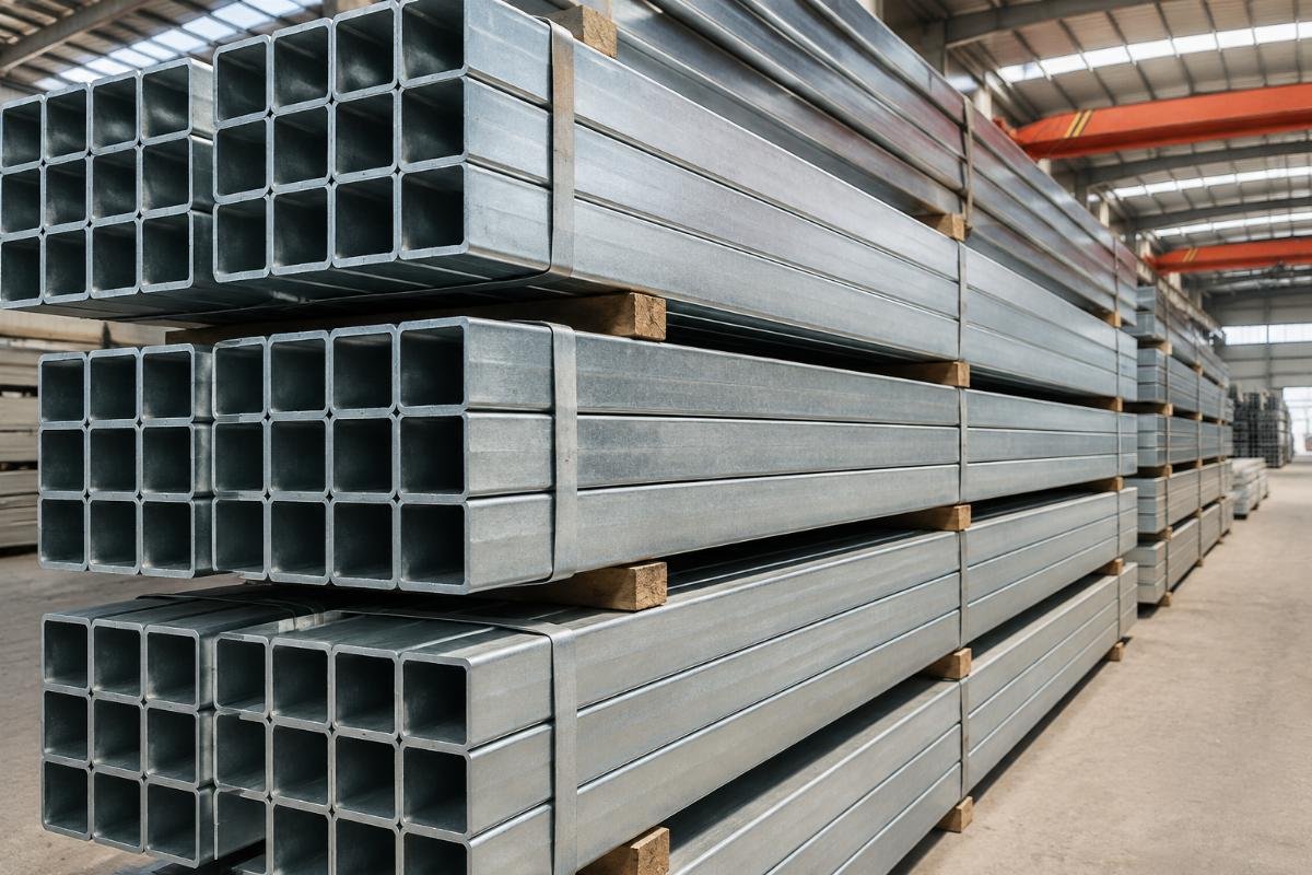 Stacked galvanized RHS steel tubes ready for shipment, highlighting uniform zinc coating on corners and edges
