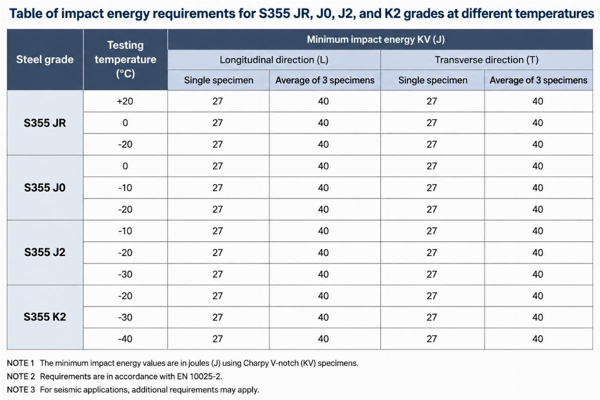 Table of impact energy requirements for S355 JR, J0, J2, and K2 grades at different temperatures