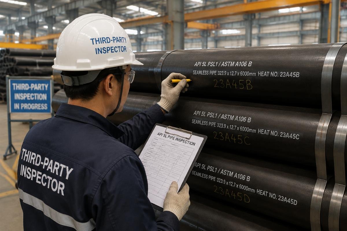 Third-party inspector verifying heat numbers on API 5L seamless pipes