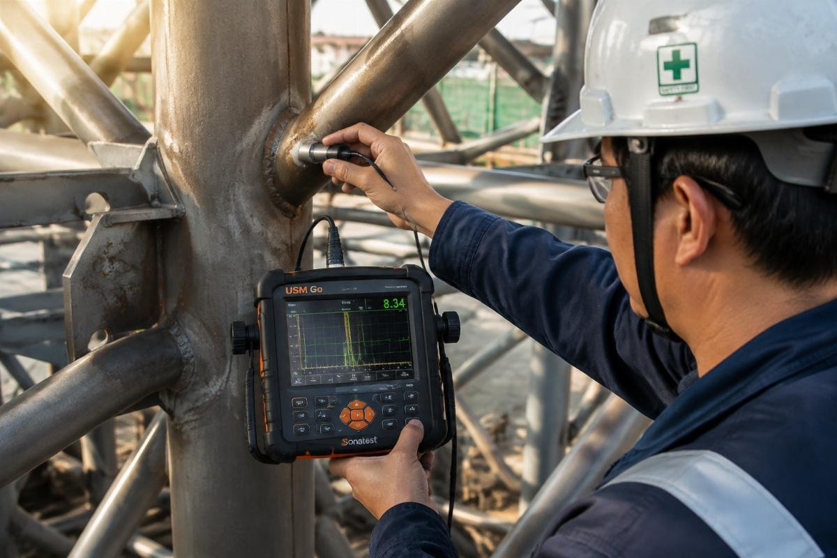 Ultrasonic testing device being used on structural steel pipe for framework