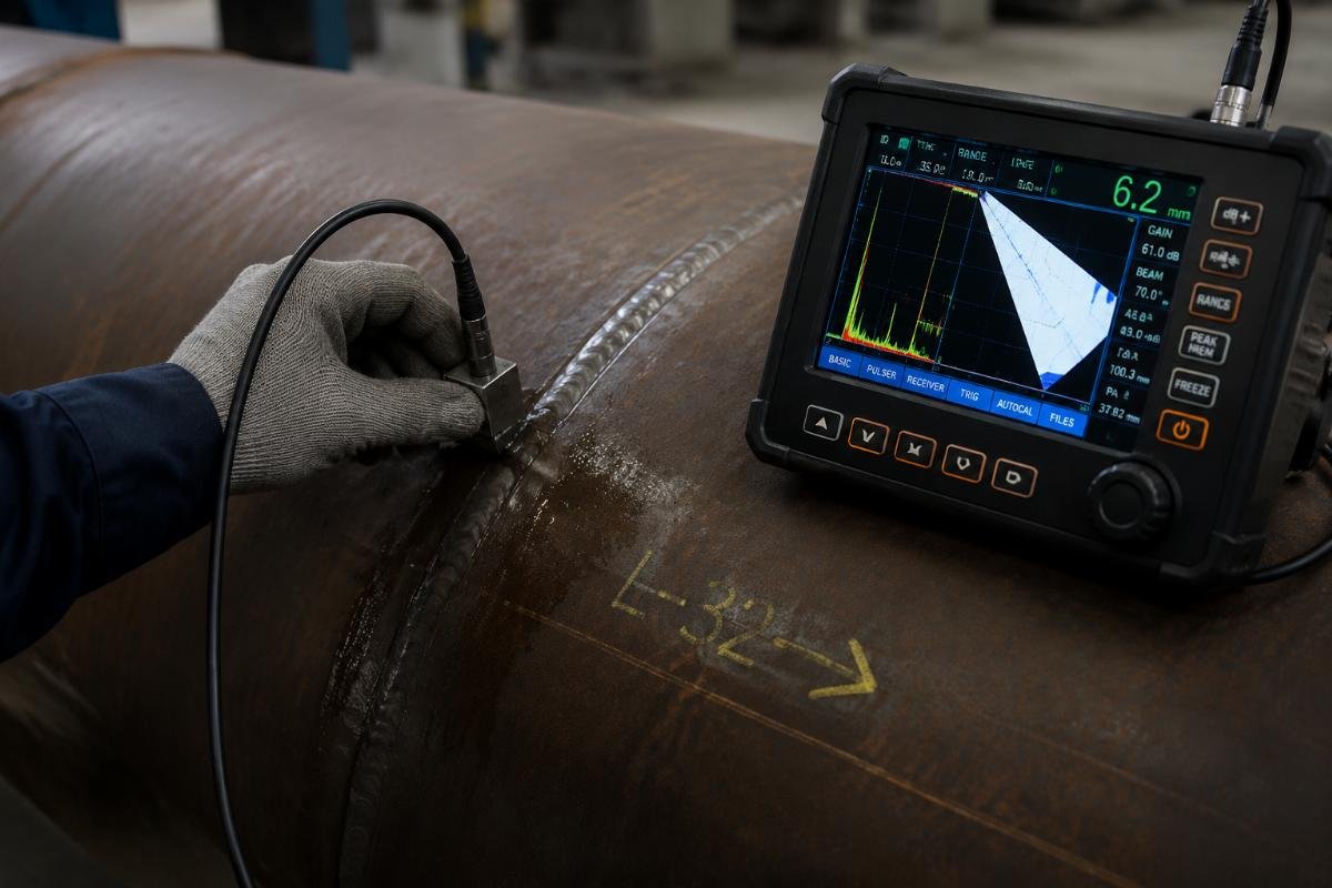 Ultrasonic testing probe scanning the longitudinal weld seam of a structural steel pipe