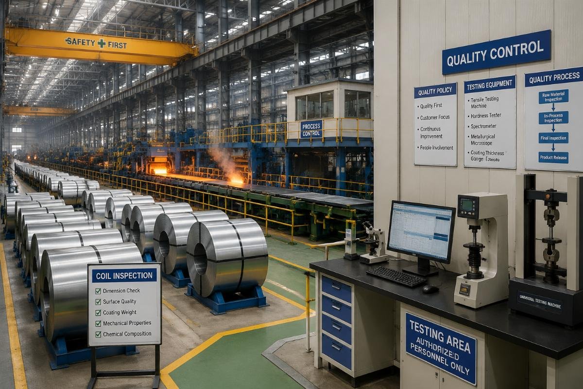 View of a steel manufacturing facility with visible quality control stations and testing equipment