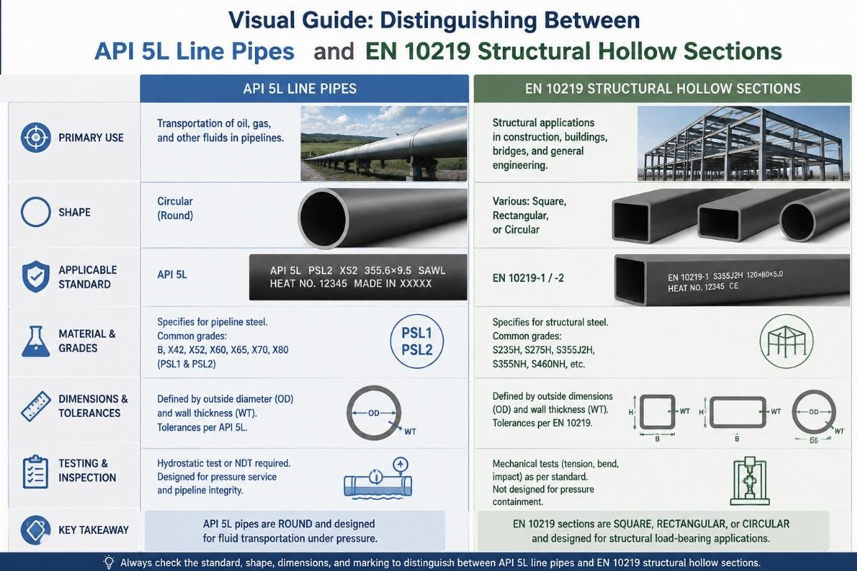 Visual guide distinguishing between API 5L line pipes and EN 10219 structural hollow sections