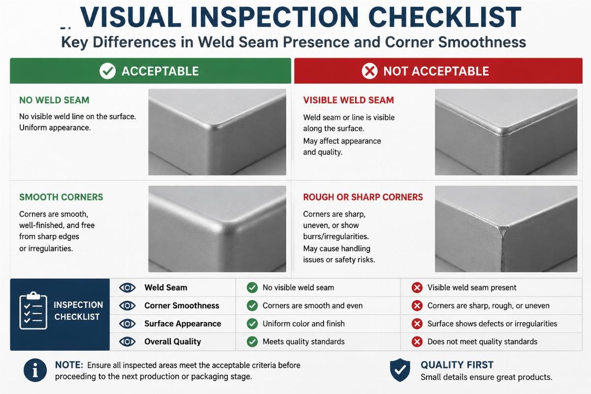 Visual inspection checklist showing key differences in weld seam presence and corner smoothness