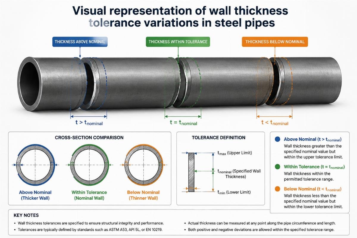 Visual representation of wall thickness tolerance variations in steel pipes