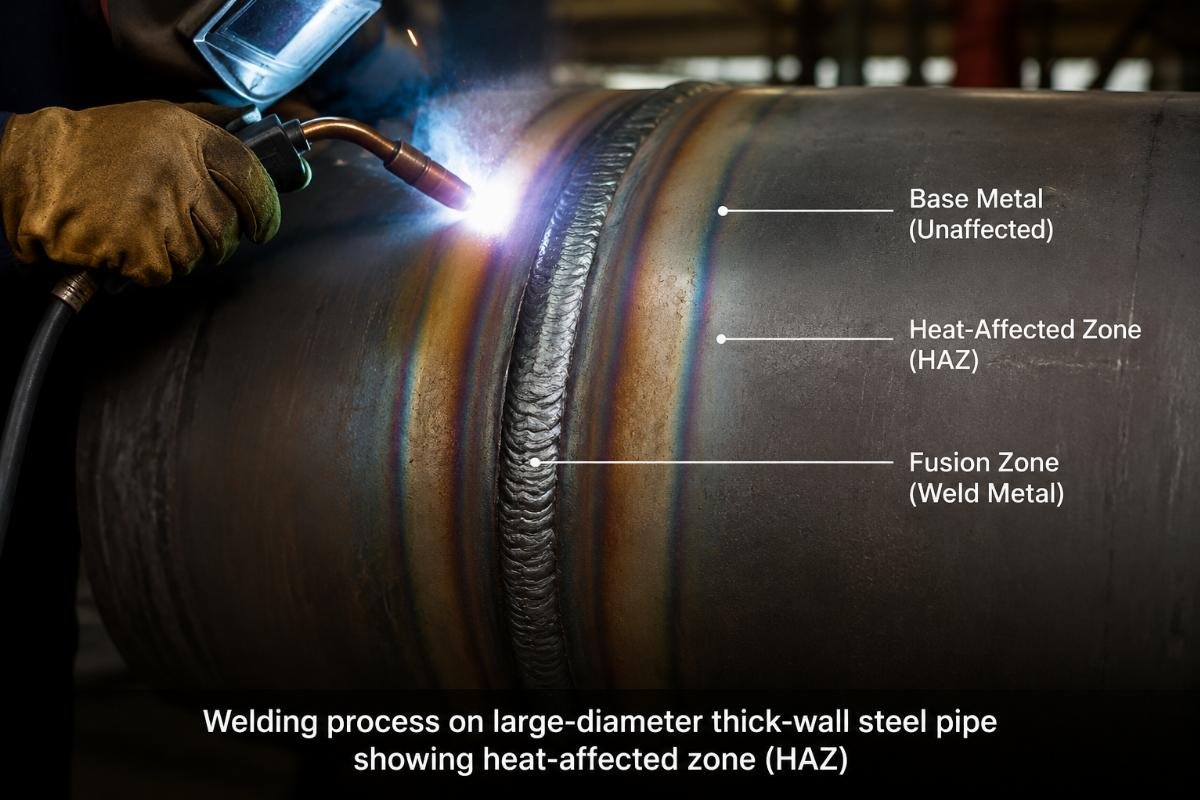 Welding process on large-diameter thick-wall steel pipe showing heat-affected zone